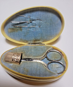 Antique 10k Gold Thimble Anchor Hallmark Celluloid Case Henckels Scissors