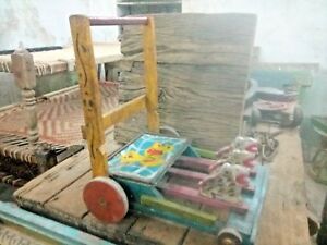 Old Vtg Wooden Hand Painted Genuine Push Cart Child Baby Carriage Stroller