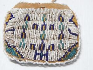 Antique C1870 90s Sioux Plains Indian Sinew Beaded On Buffalo Both Sides Pouch