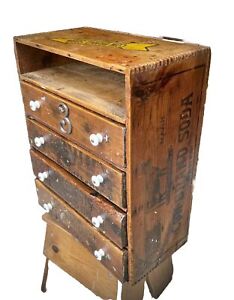 Antique 4 Drawer Wood Tin Apothecary Parts Bin Cabinet Cow Brand Soda Crate