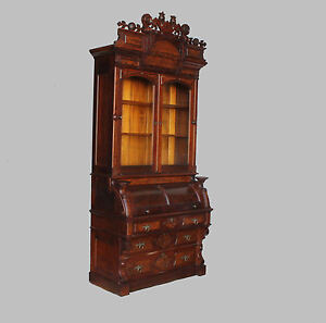Antique Victorian Walnut Cylinder Secretary Desk Bookcase