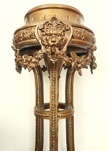 Antique Pedestal 19th Large 44 French Lion Masks Figural Carved Wooden Stand