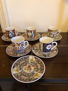 5 X Japanese Small Cups And Saucers Embossed Ladies Heat On Inside Bottom