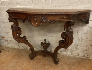 Arrives July 2024 Antique French Console Table In Walnut With Dolphin Carvings