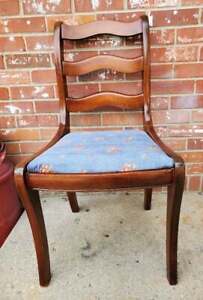 Vintage Walnut Ladder Back Dining Chair Blue Velour Floral Seat
