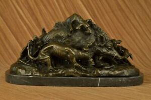 Signed Le Courtier Wild Hunting Dogs Attacking Boar Bronze Art Decor Sculpture