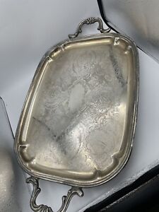Large Vintage Footed Silver Serving Tray With Handles Engraved Vintage