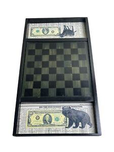 Folk Art Americana Decor Wood Checker Board Stock Market Wall Street Bull Bear