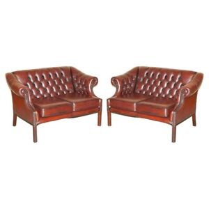 Pair Of Harrods London Restored Bordeaux Brown Leather Chesterfield Tufted Sofas