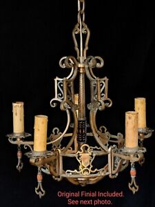 Stunning Bronze Vintage Tudor Spanish Revival Hanging Light Fixture Chandelier