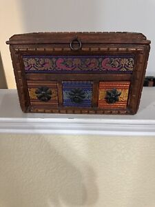 Antique Wooden Boho Indian Box With Drawers Wood And Iron Rare