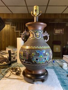 Antique Japanese Large Bronze Champleve Enameled Vase Foo Dog Handles Vs Lamp