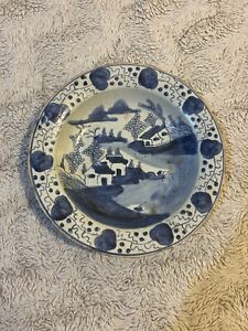 Antique 18th Century Chinese Blue And White 10 Plate Kangxi Period Village