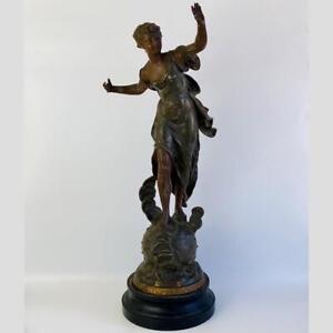 French Antique By Emile Bruchon C1806 95 Bronze Spelter Figurine Claire De Lune