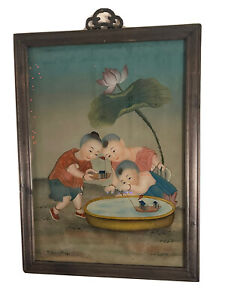 Chinese Reverse Painting On Glass Wood Frame Children Republic Period