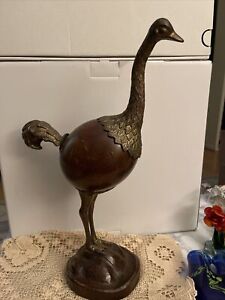 Rare Mid Century Modern 18 Wood Brass Ostrich Bird Sculpture