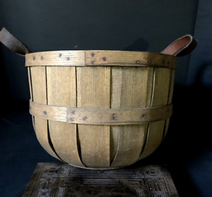 Antique Vintage Splint Oak Apple Basket Leather Handles Solid Wood Bottom 