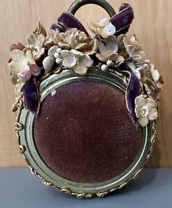 Antique Victorian Velvet Flowers Ring Hanging Standing Pin Cushion Gold Ribbon