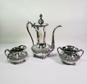 Antique Ornate Silverplated Coffee Tea Pot Forbes Silver 3 Pc Service Set 638