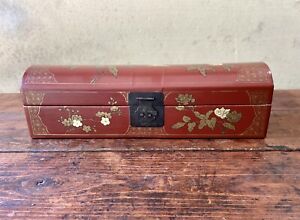 Antique Chinese Long Red Lacquer Box With Tray And Gilded Details