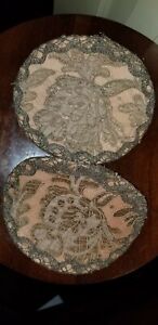 Antique Pair French Metallic Lace Embroidered Candle Shade Shields Half Shades