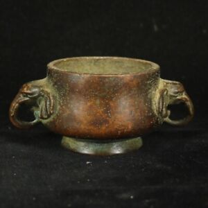 Marked Chinese Bronze Copper Double Elephant Ear Incense Burner