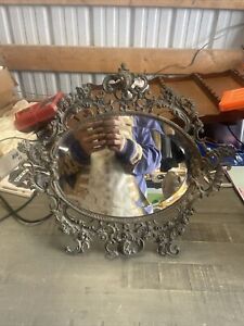 Vintage Ornate Brass Art Nouveau Dresser Mirror With Cherubs