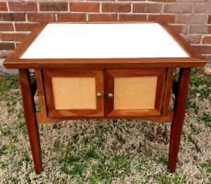 Mid Century Modern White Laminate Teak Wood Side End Table 27 Square Storage