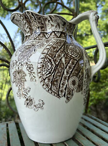 Large Antique Victorian Pitcher White Brown Transferware Marked On Bottom