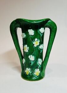Antique Awaji Japan Art Pottery Vase Green 2 Handle W Applied Prunus Blossoms