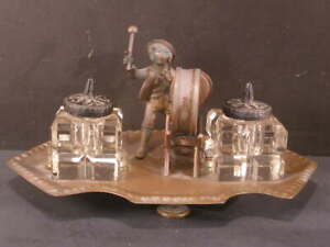 1800 S Bronze Drummer Boy Figural Inkwell Stand Holder Pen Tray Cut Glass Statue