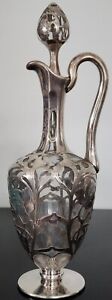 Antique Sterling Silver Overlay Glass Decanter Ewer W Stopper Rare 