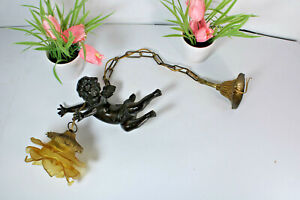 Antique French Bronze Putti Cherub Figurine Pendant Lamp Chandelier