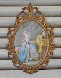 Divine Vintage Printed Silk Picture Marie Antoinette Scrolled Brass Frame