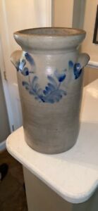 Antique American Stoneware Table Top Butter Churn Crock Cobalt Decorated
