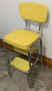 Vintage Step Stool Chair Seat Pull Out Steps All Metal Yellow Chrome Cosco 