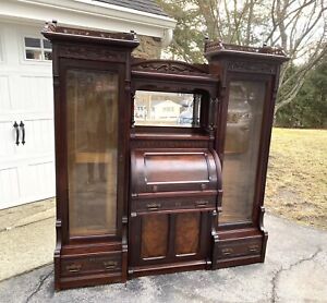 Victorian Walnut And Burl Cylinder Desk With Bookcase