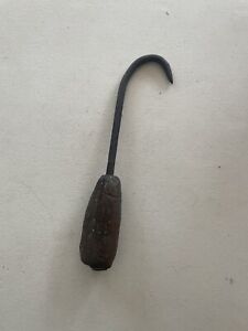Vintage Hay Bale Hook Farm Collectible Primitive Hand Tool Dark Wooden Handle