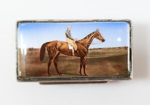 Antique Vintage Sterling Silver Enamel Porcelain Pill Trinket Box Race Horse