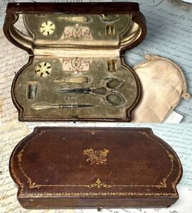Antique French Sewing Necessaire Etui In Leather 18k On Sterling Silver Tools