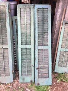 Vtg 1 Pair Old Wooden Door Shutters Architectural Green Louvered 59in X 24in