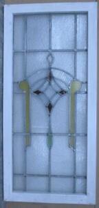 Large Old English Leaded Stained Glass Window Jeweled Geometric 15 3 4 X 33 1 2