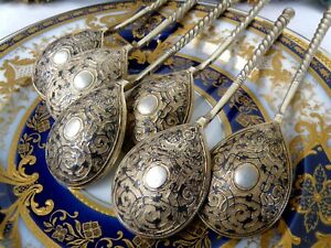 Antique Russian Sterling Silver 6 Splendid Spoons Niello Decor