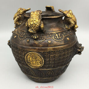 5 9 Antique Old China Xuande Mark Bronze Gilt Four Golden Toads Lion Ear Pot