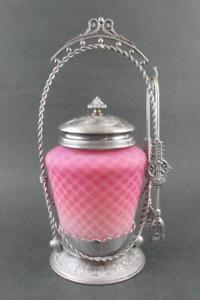 Middletown 155 Antique Pickle Castor Quilted Pink Satin Glass Jar C 1890 S