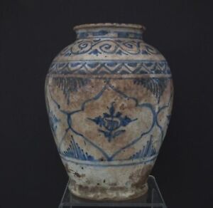Antique Medieval 15th Century Islamic Mamluk Blue And White Ceramic Jar