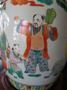 Antique Asian Chinese Export Enameled Garden Stool Figures Porcelain Lamp