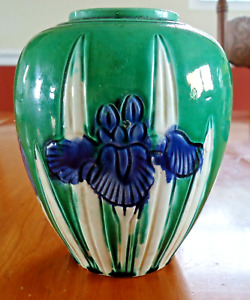 Antique Awaji Studio Pottery Organic Art Nouveau Blue Iris Vase