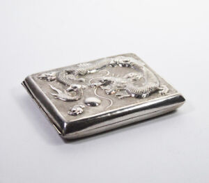 Late 19th Antique Chinese Export Sterling Silver Cigarette Case Box Dragon