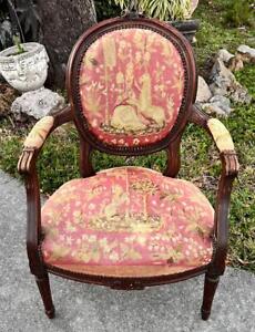 Antique Aubusson French Tapestry Needlepoint Petit Point Fautiel Wood Arm Chair